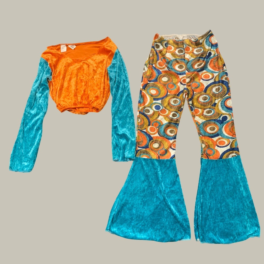 Fun World Vintage 2PC Costume Women S/M Orange Teal Velvet Bell Bottom Disco 70s